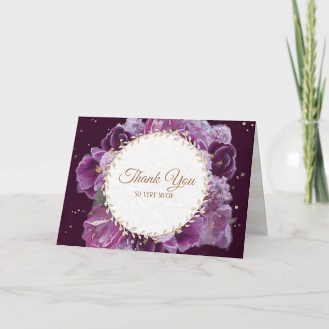 Modern bemalt Violet Lila Gold Floral Vielen Dank Dankeskarte (Vorderseite)