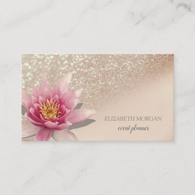 Modern Beruflicher Glitzer Bokeh Watercolor Lotus Visitenkarte (Vorderseite)