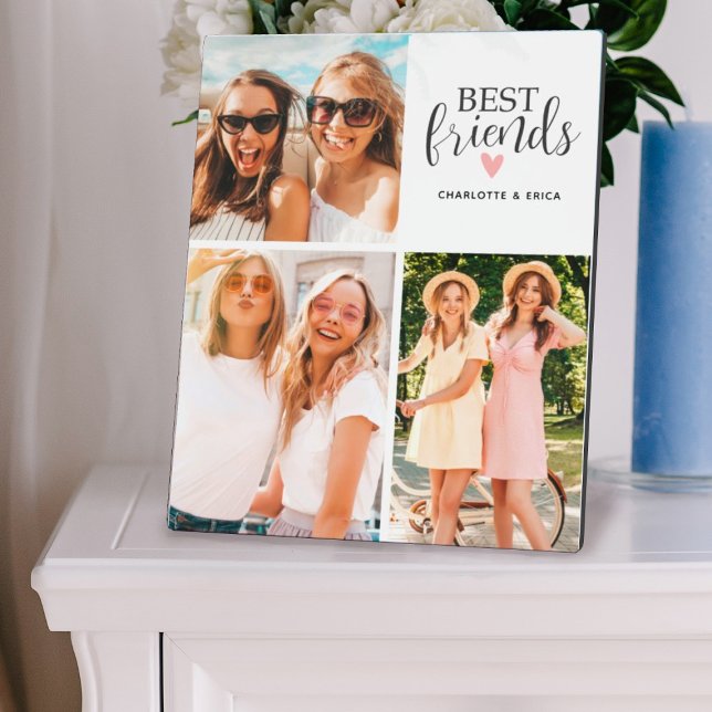 Modern Best Friends Besties Foto Collage Plaque Fotoplatte (create a pretty photo plaque for your bestie and personalize it with your names.)