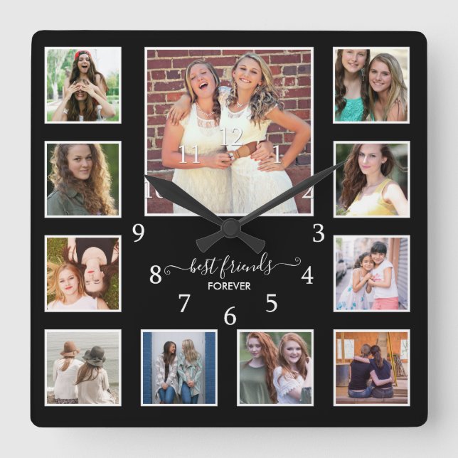 Modern Best Friends Forever 11 Foto Collage Black Quadratische Wanduhr (Vorderseite)