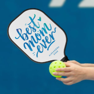 Modern Best Mom Ever Blau und Weiß Pinsel Schrift Pickleball Schläger