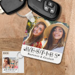 Modern BESTIES Friends Forever Chic Script 2 Photo Schlüsselanhänger<br><div class="desc">Create a keepsake photo keychain for your best friend featuring 1 or 2 pictures and the title BESTIES with the words FRIENDS FOREVER in a modern handwritten script typography accented with hearts as an overlay in black and gray against an editable white background and personalized with names or your custom...</div>