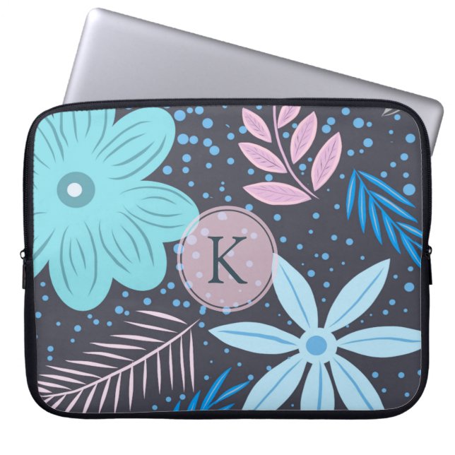 Modern Big Blue Blume Muster Pink Monogram Laptopschutzhülle (Vorderseite)