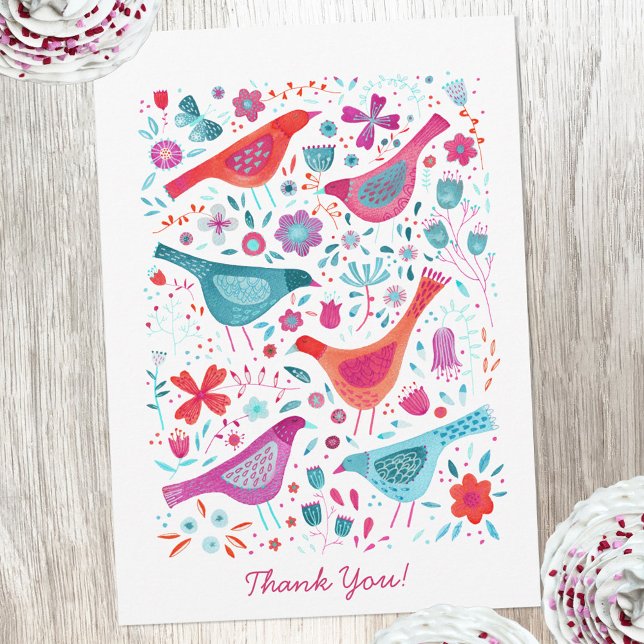 Modern Bird Watercolor Personalisiert Vielen Dank Dankeskarte (Modern watercolor birds and flowers thank you card with custom text)