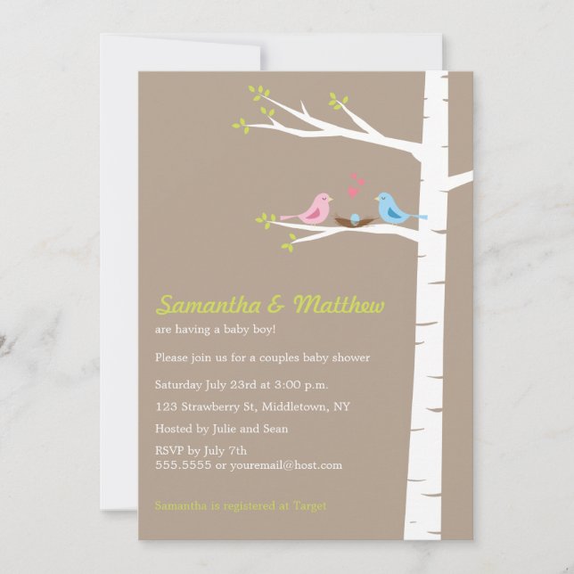 Modern Birds Paares Baby Showroom Invitation Boy Einladung (Vorderseite)