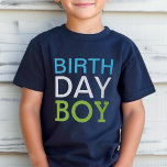 Modern Birthday Boy Blue Green Name Age Number T-Shirt<br><div class="desc">Das individuell gestaltete Shirt "Birthday Boy" zeichnet sich durch ein modernes Textdesign in Blau-,  Kalkgrün- und Weißtönen aus. Personalisieren Sie den Text mit Vorname und Altersnummer Ihres Kindes auf der Rückseite. Farben können alle angepasst werden.</div>