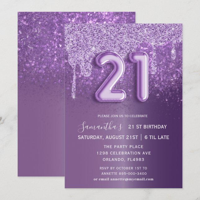 Modern Birthday Lila Glitzer Balloon Einladung (Vorne/Hinten)