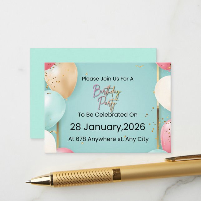  Modern Birthday Party Invitation || Customizable  (Devant/Arrière en situation)