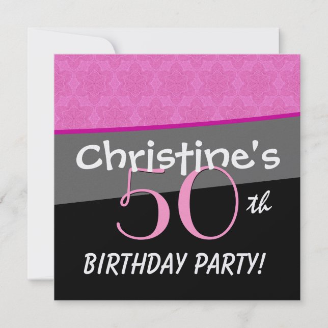 Modern Birthday Pink und Black Blume Star Muster Einladung (Vorderseite)