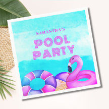 Modern Birthday Pool Party Pink Flamingo Napkins