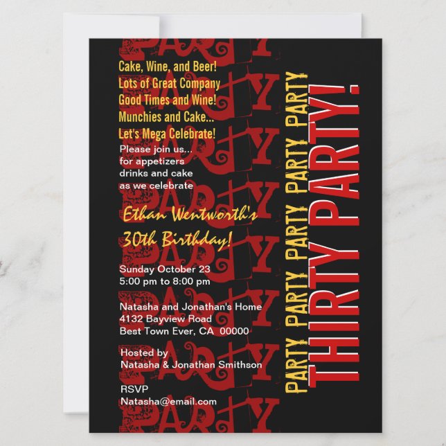 Modern Birthday Red Gold Black Grunge LARGE Einladung (Vorderseite)