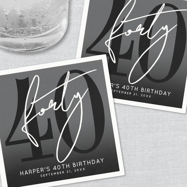 Modern Black 40th Birthday Party Serviette (Modern Black 40th Birthday Party Napkins)