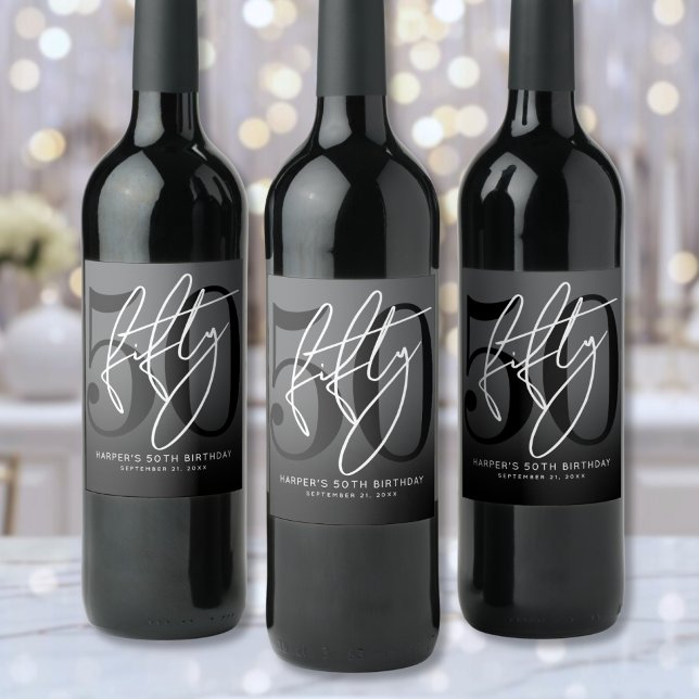 Modern Black 50th Birthday Party Weinetikett (Modern Black 50th Birthday Party Wine Label )