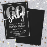 Modern Black 60. Geburtstagsparty Einladung<br><div class="desc">Eine einfache und moderne 60. Geburtstagsfeier, die perfekt zum Feiern dieses Meilensteins im Stil ist. Das elegante Design zeichnet sich durch einen fett schwarzen Hintergrund mit einem großen "60" in Grau oben aus. Unten ist "Sixty" schön in weißer Schriftzeichen geschrieben, was eine lustige und dennoch elegante Touch hinzufügt. Der Mix...</div>