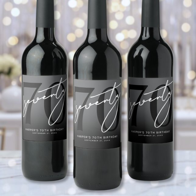Modern Black 70th Birthday Party Weinetikett (Modern Black 70th Birthday Party Wine Label)