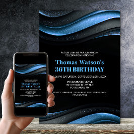 Modern Black and Blue Any Age Birthday Party Einladung