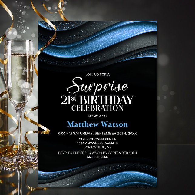 Modern Black and Blue Surprise 21st Birthday Party Einladung (Von Creator hochgeladen)