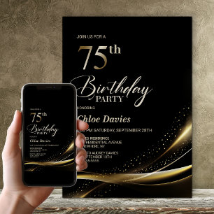 Modern Black and Gold 75. Geburtstagsparty Einladung