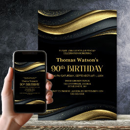 Modern Black and Gold 90th Birthday Party Einladung