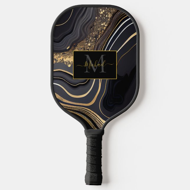 Modern Black and Gold Marbled Monogram Pickleball Schläger (Rückseite)