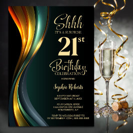 Modern Black and Gold Surprise 21st Birthday Party Einladung