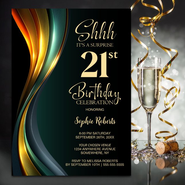 Modern Black and Gold Surprise 21st Birthday Party Einladung (Von Creator hochgeladen)