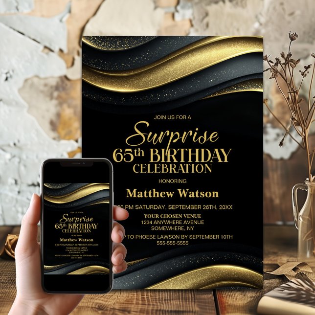 Modern Black and Gold Surprise 65th Birthday Party Einladung (Von Creator hochgeladen)