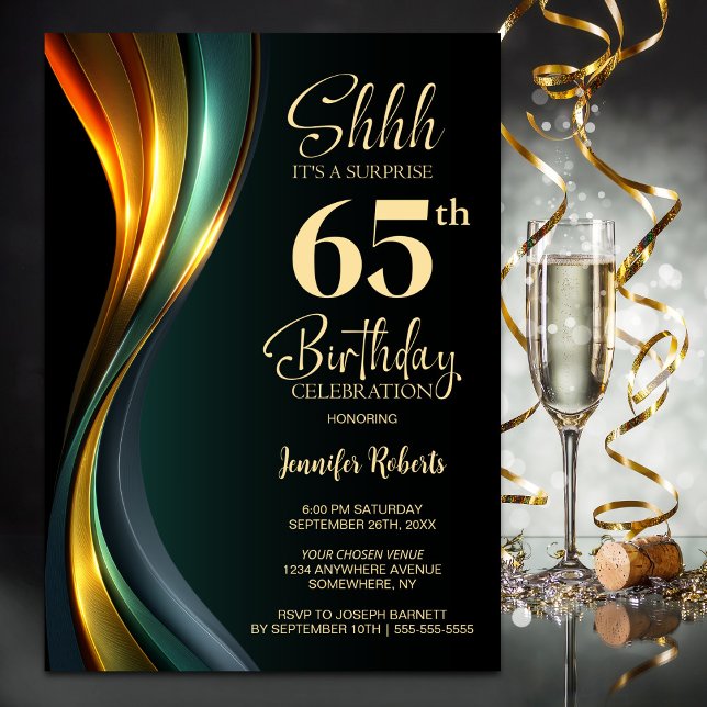 Modern Black and Gold Surprise 65th Birthday Party Einladung (Von Creator hochgeladen)