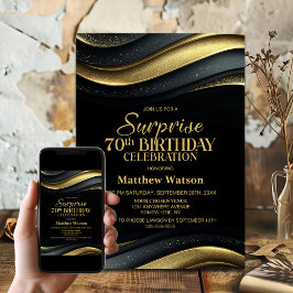 Modern Black and Gold Surprise 70th Birthday Party Einladung