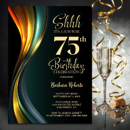 Modern Black and Gold Surprise 75th Birthday Party Einladung