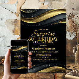 Modern Black and Gold Surprise 80th Birthday Party Einladung