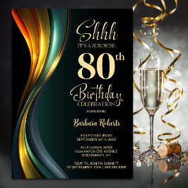Modern Black and Gold Surprise 80th Birthday Party Einladung