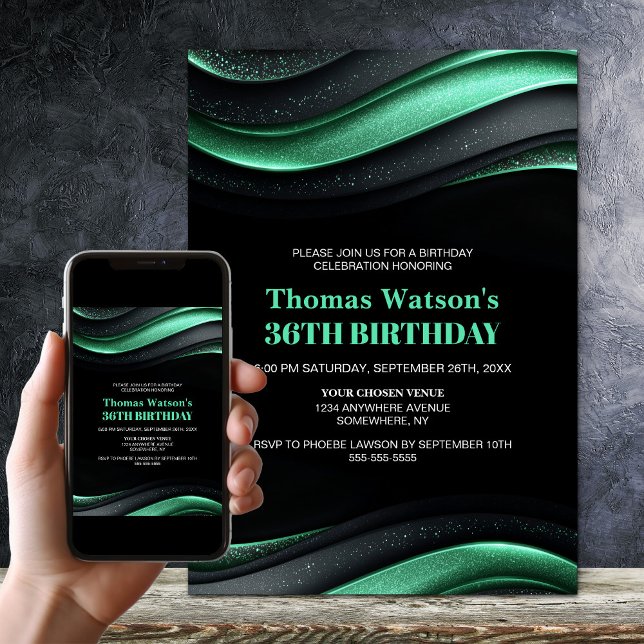 Modern Black and Green Any Age Birthday Party Einladung (Von Creator hochgeladen)