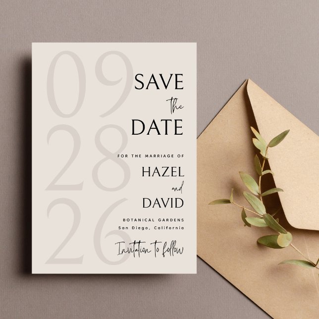 Modern Black and Ivory Minimalist Wedding Save The Date (Modern black and ivory minimalist save the date announces your wedding with soft elegance.)
