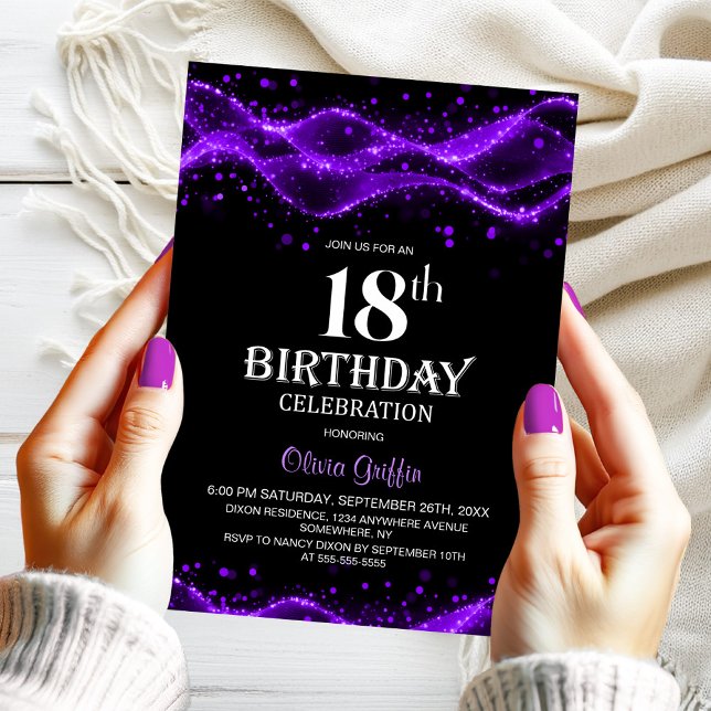 Modern Black and Purple 18th Birthday Party Einladung (Von Creator hochgeladen)