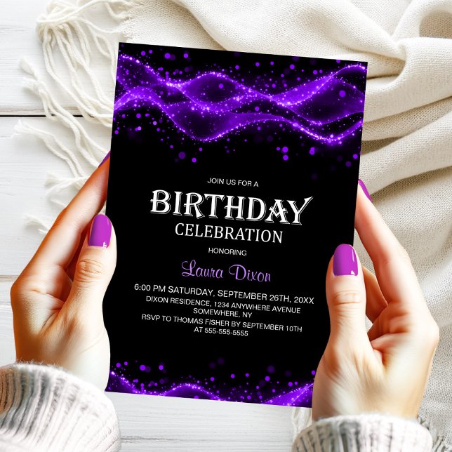 Modern Black and Purple Any Age Birthday Party Einladung (Von Creator hochgeladen)
