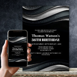 Modern Black and Silver Any Age Birthday Party Einladung