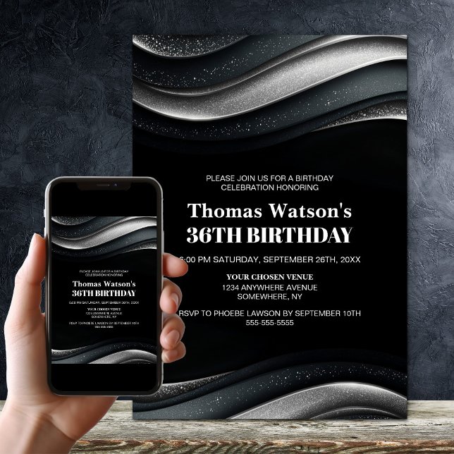 Modern Black and Silver Any Age Birthday Party Einladung (Von Creator hochgeladen)