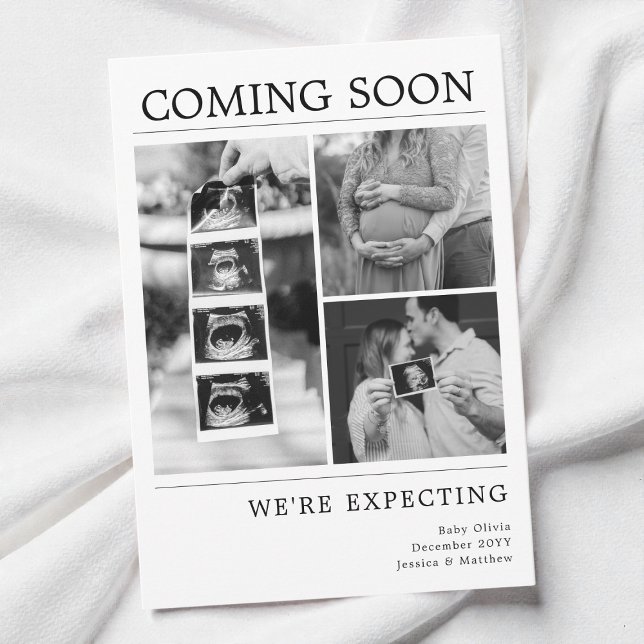Modern Black and White Baby Photo Pregnancy Reveal Ankündigung (Modern Black and White Baby Photo Pregnancy Reveal Announcement)