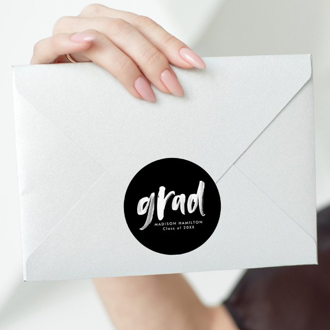 Modern Black and White Brush Script Graduation Runder Aufkleber (Von Creator hochgeladen)