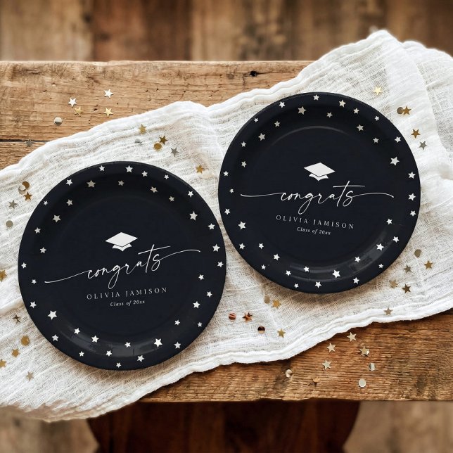 Modern Black and White Class of 2026 Graduation Pappteller (Black and white graduation plates with script congrats, stars and graduation cap)