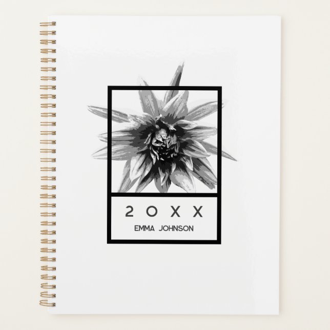Modern Black and White Floral Name 2026 Planer (Vorderseite)