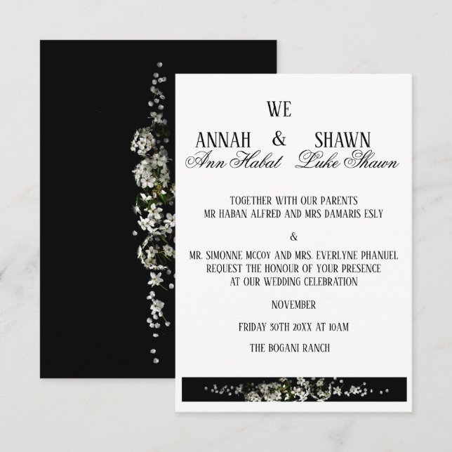 Modern Black and White Floral Wedding Invitation Einladung (Vorne/Hinten)