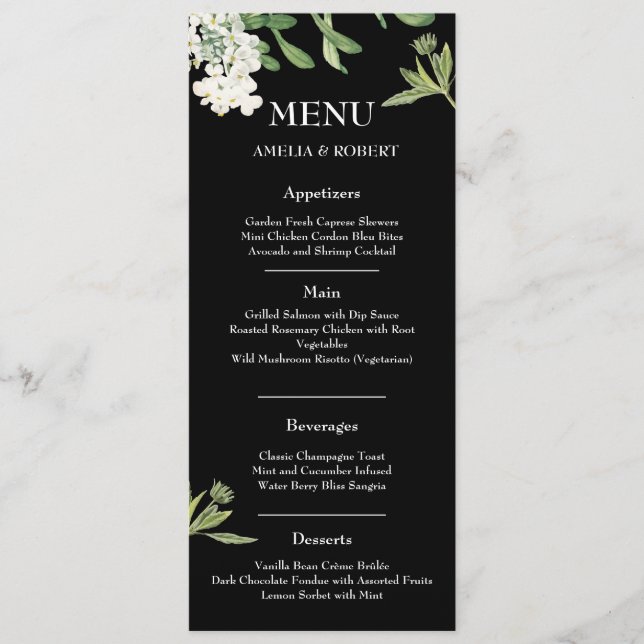 Modern Black and White Floral Wedding Menu Card (Devant)
