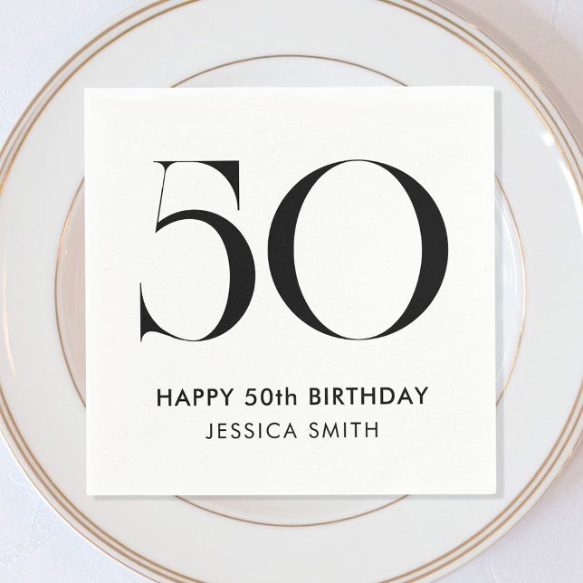 Modern Black and White Minimalist 50th Birthday Serviette (Von Creator hochgeladen)
