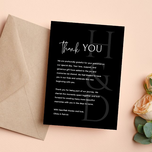 Modern Black and White Monogram Minimalist Wedding Dankeskarte (Von Creator hochgeladen)