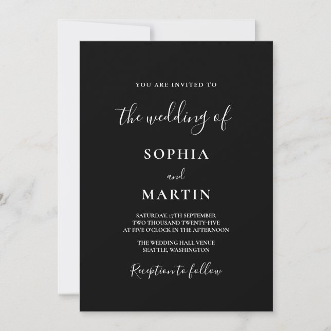 Modern Black and White Script Photo Wedding  Einladung (Vorderseite)