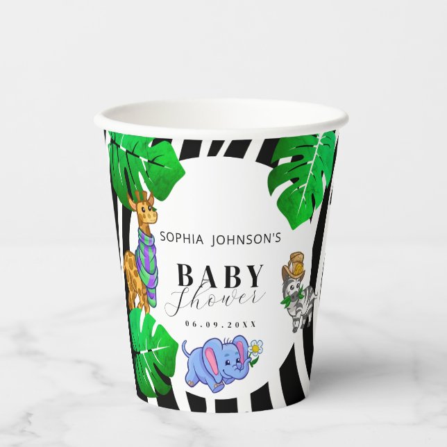 Modern Black and White Stripe Safari  Baby Shower  Pappbecher (Vorderseite)