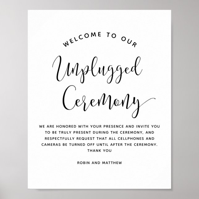 Modern, Black and White, Unplugged Ceremony Sign Poster (Vorne)