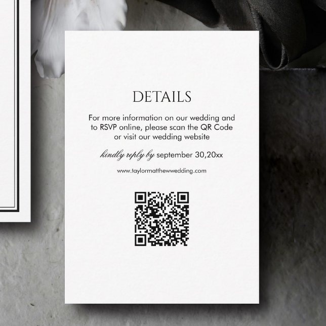 Modern Black and White Wedding Details Qr Code Begleitkarte (Von Creator hochgeladen)